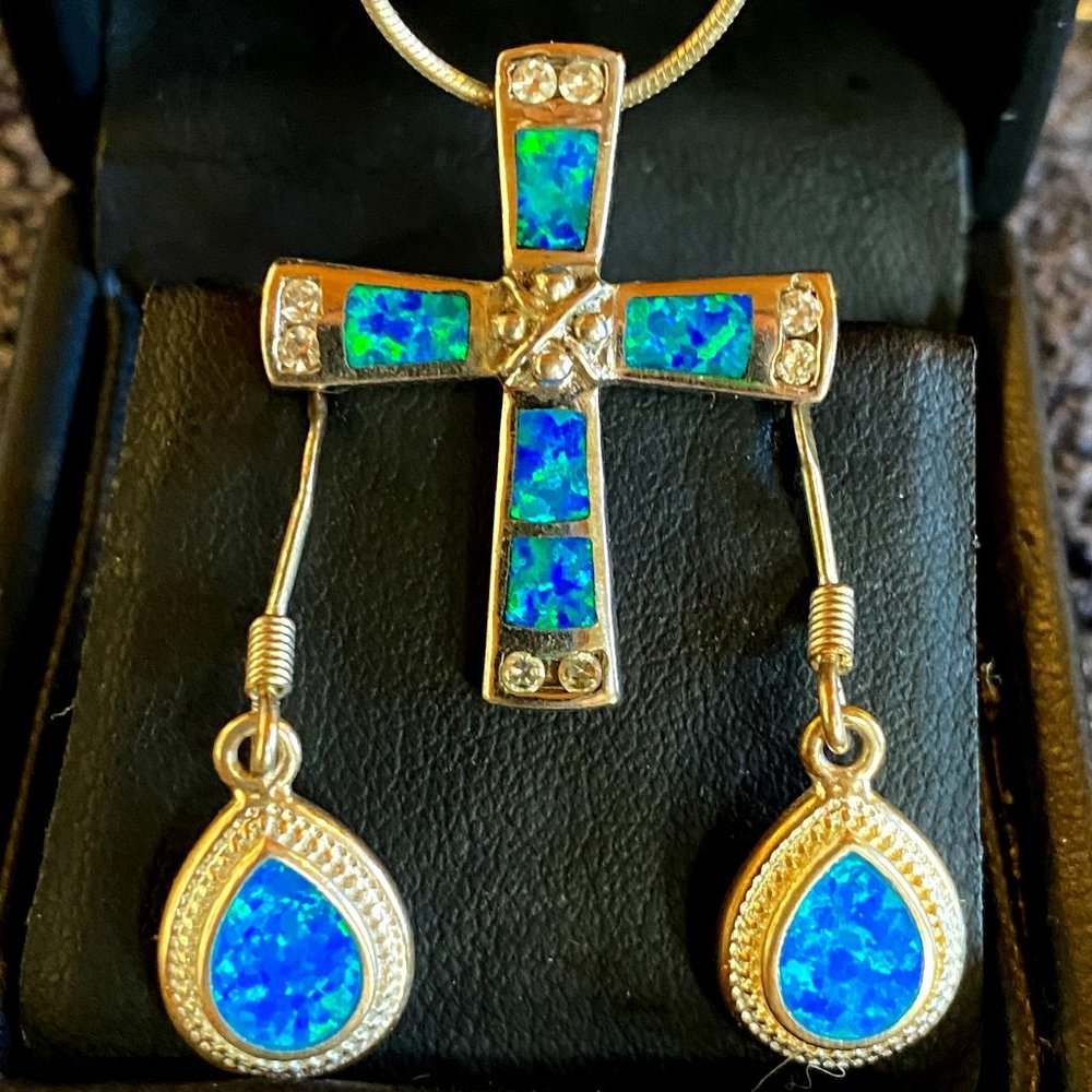 Blue Opal Sterling Silver Cross Necklace Set